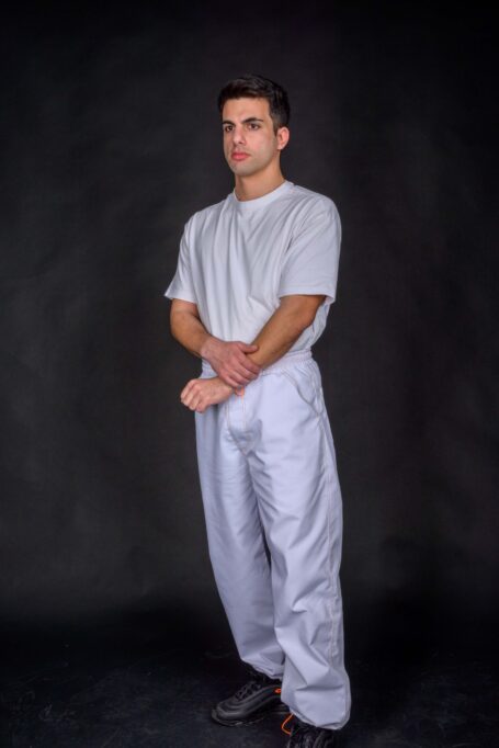 Elegant chef pants with beautiful decorative orange thread stitches